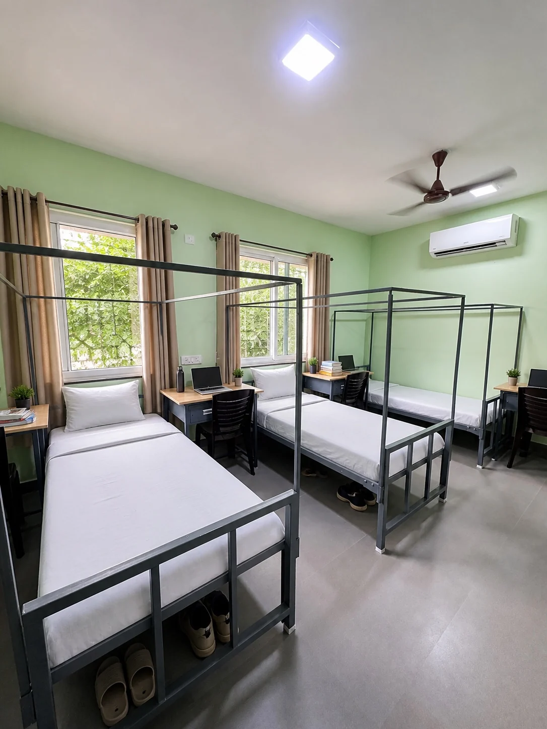 Wide view of a furnished triple sharing room