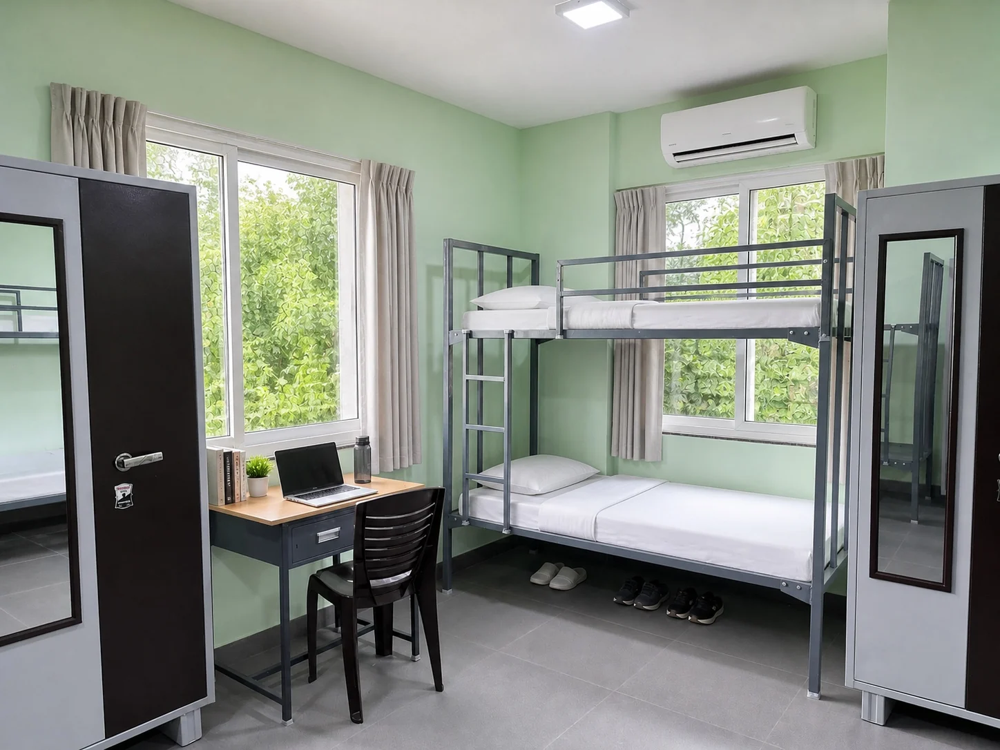 Dormitory bunk bed, desk and wardrobe
