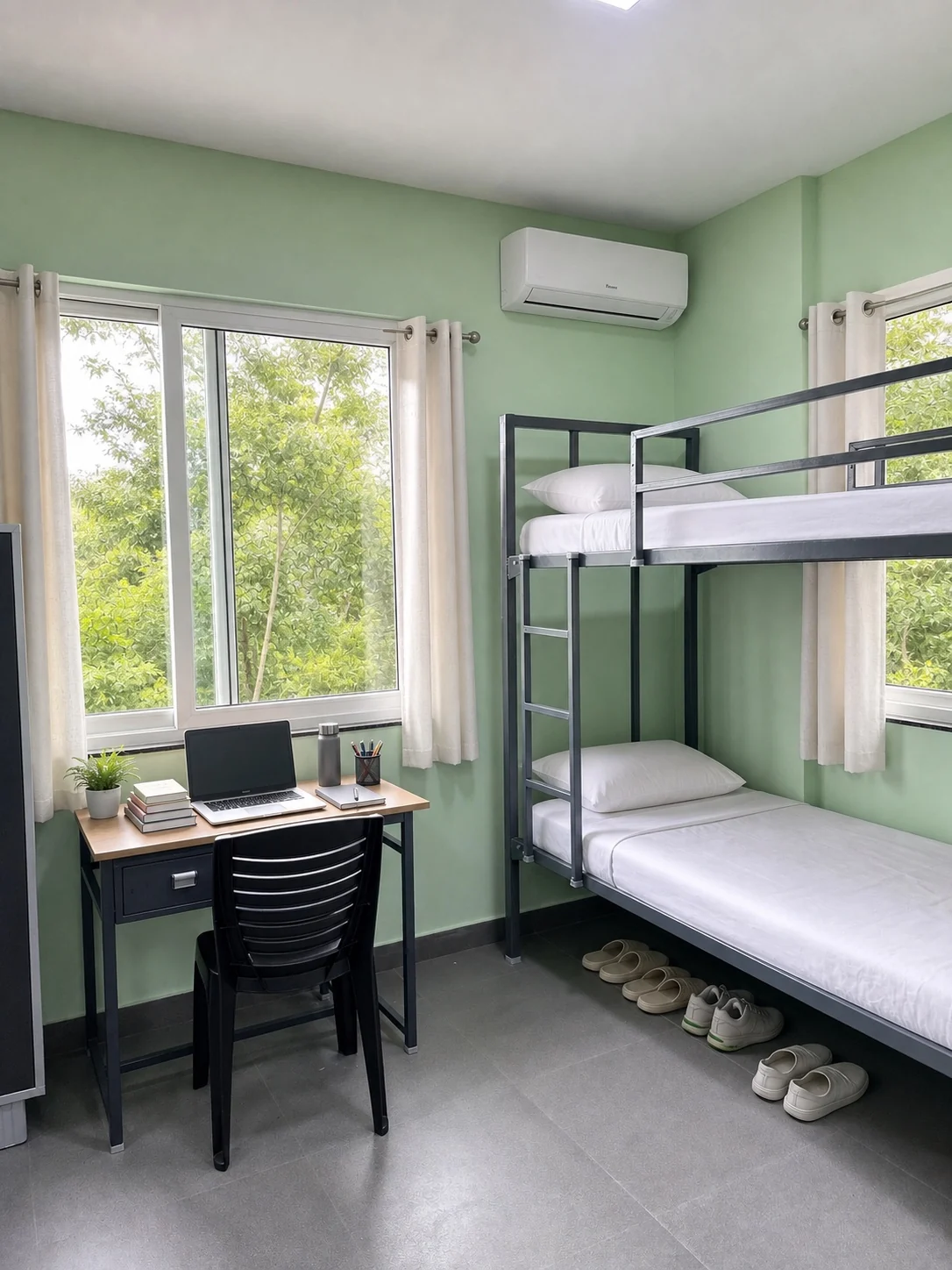 Dormitory bunk bed beside a study desk