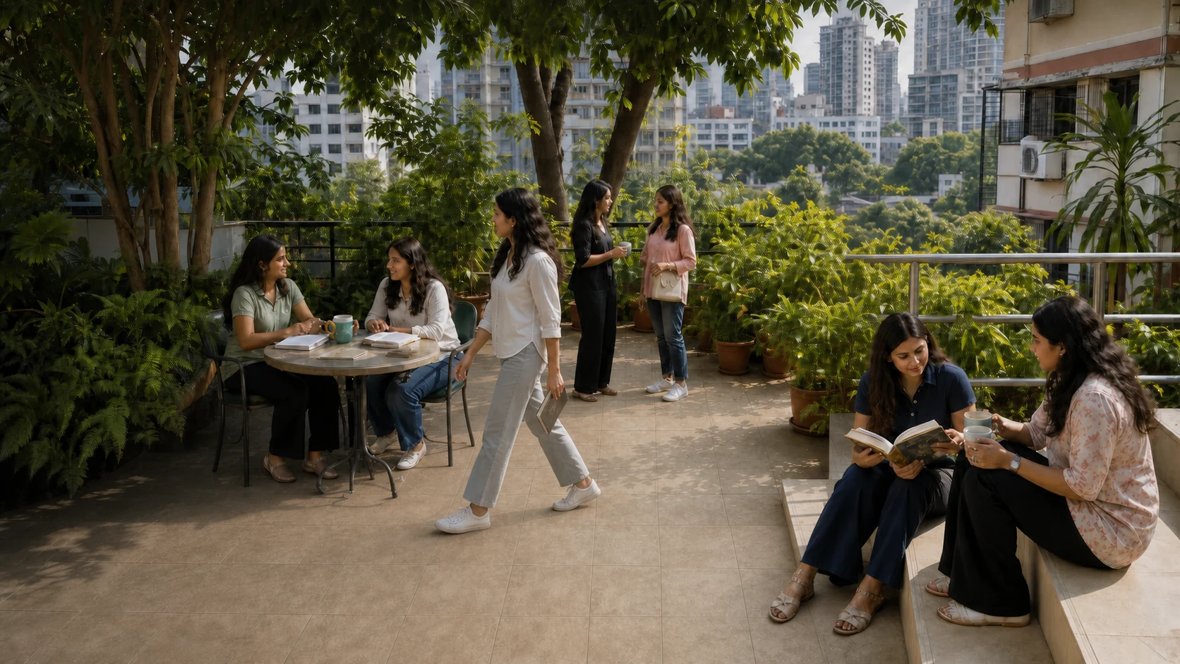 Working women relaxing, reading and connecting on the green terrace at Sarita Working Women’s Hostel